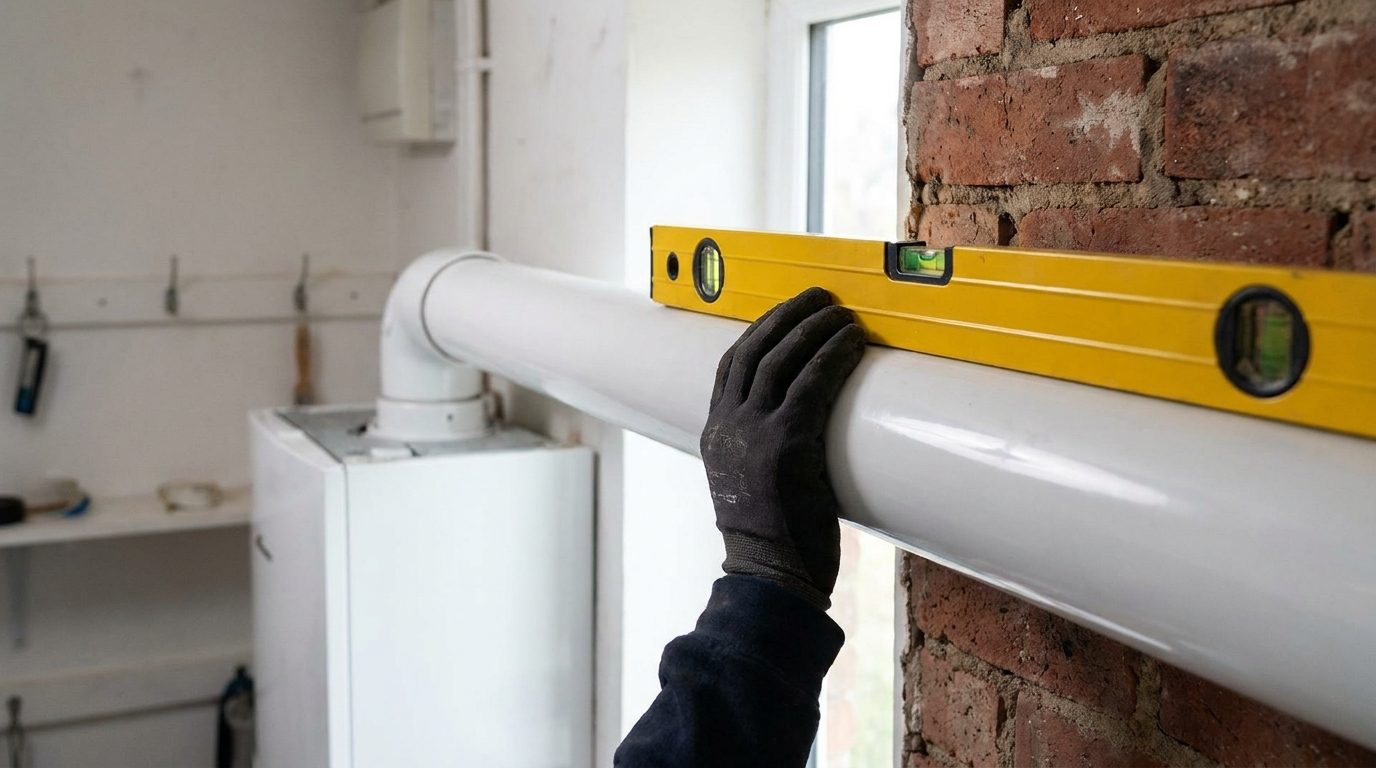 Een installateur legt een waterpas op de horizontale rookgasbuis van een condensatieketel; de buis loopt licht op naar de buitenmuur