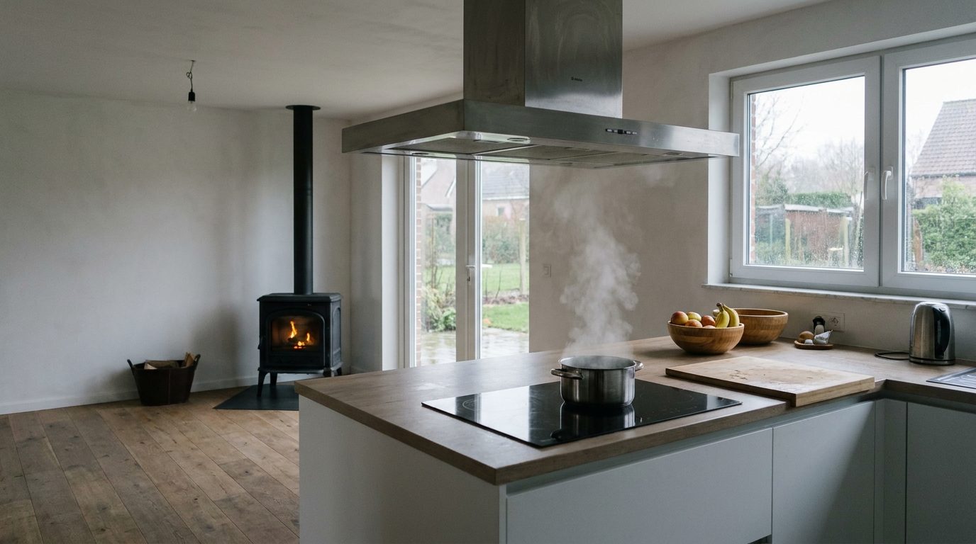 Open keuken met een draaiende eilanddampkap en verderop een brandende houtkachel