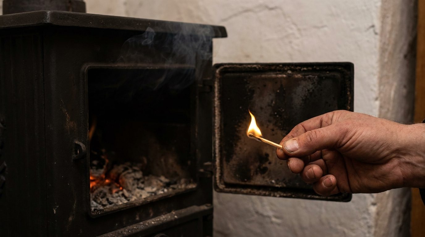 Een hand houdt een brandende lucifer bij het open deurtje van een houtkachel