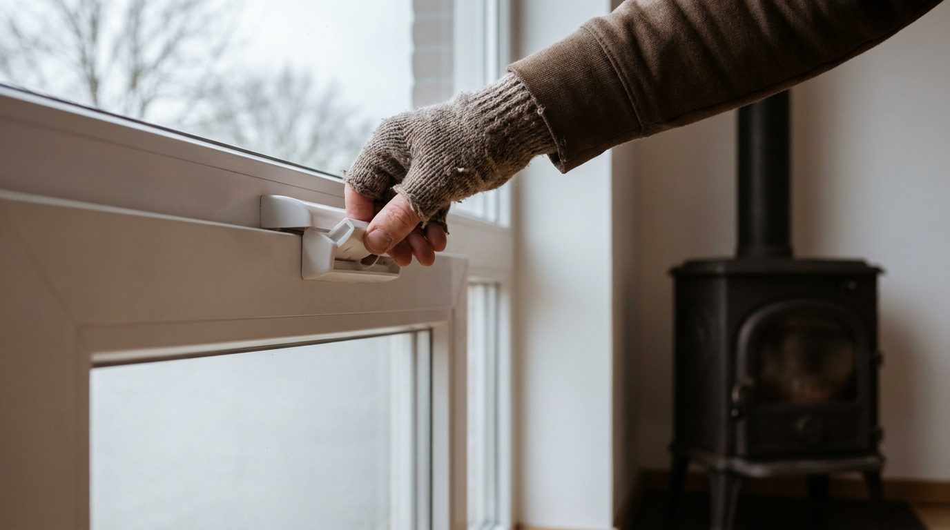 Een hand draait het ventilatierooster boven een nieuw raam dicht, op de achtergrond een houtkachel