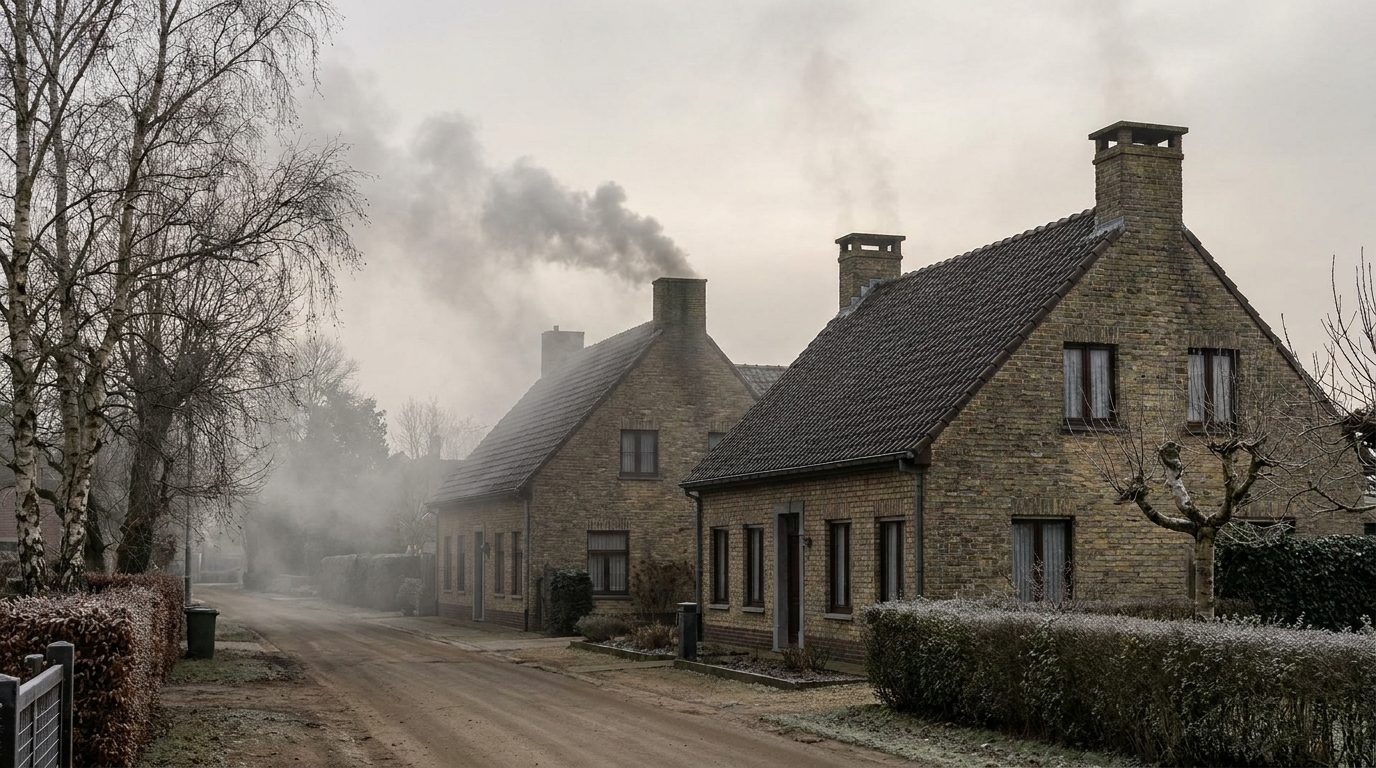 Twee huizen naast elkaar in een Kempische straat: uit de ene schouw komt dikke grijze rook, uit de andere bijna niets